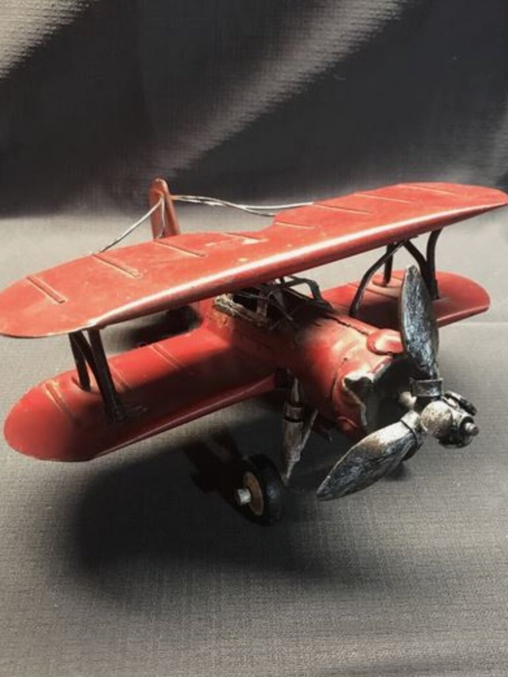 Red Metal Bi-Plane 9.5” Wing Span Prop Plane